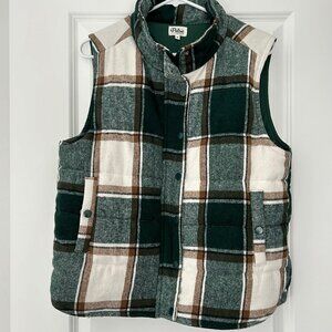 Pulse Boutique Green, Mocha, and Cream Plaid Puffer Vest